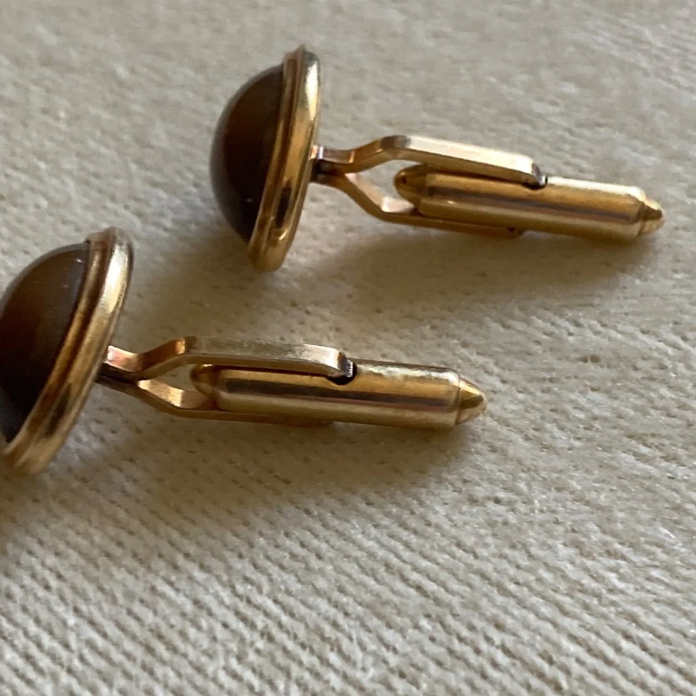 Vintage Krementz Tiger’s Eye Cufflinks– Pre-Patent 1930s • Gold Tone • Oval Dome
